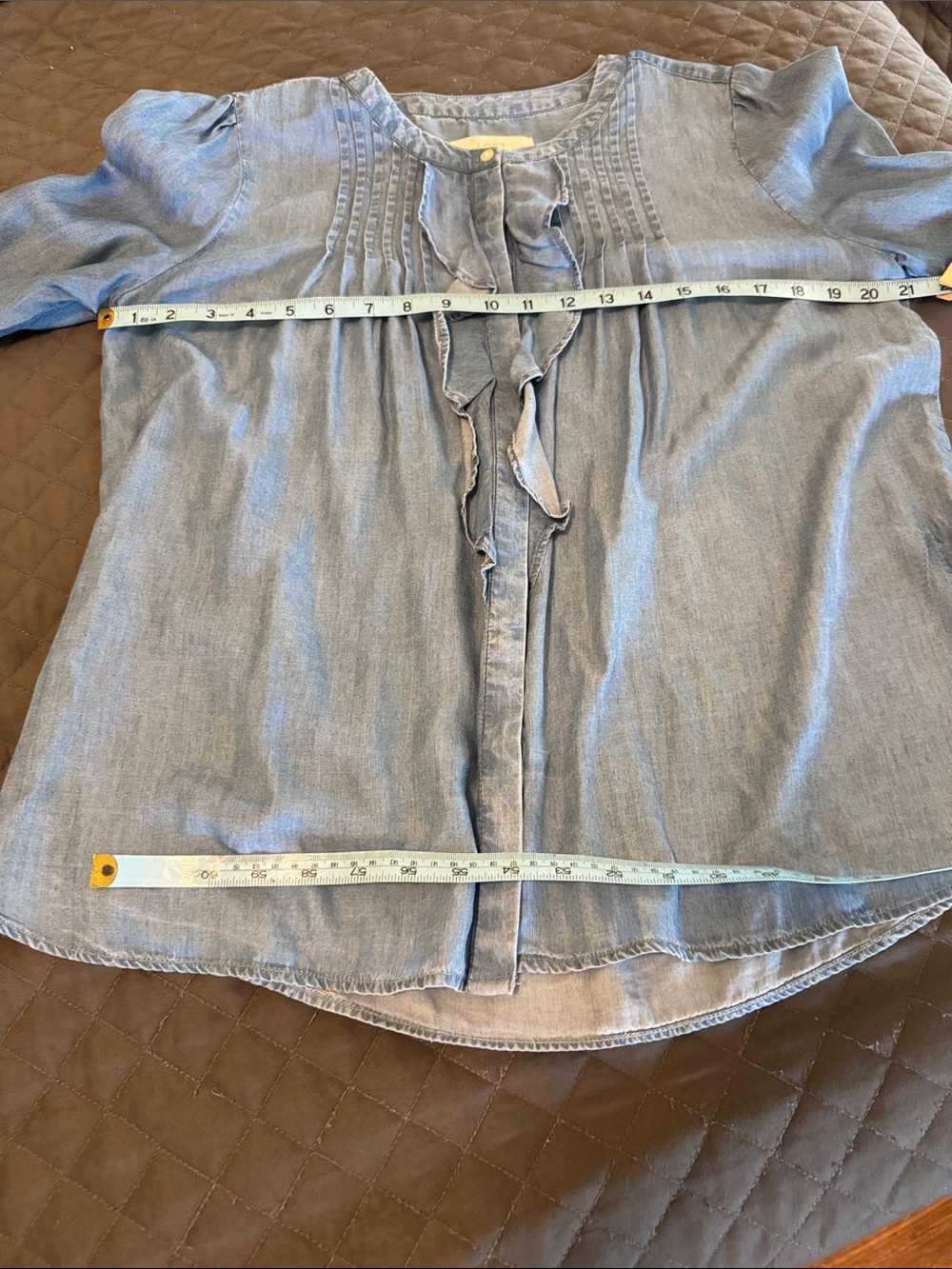 LOFT Light Blue Chambray Ruffle-Front Button Down Shirt